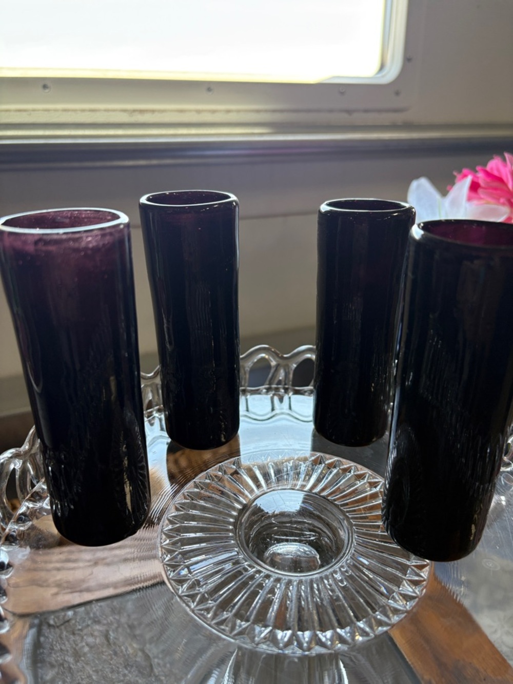Vintage blown glass black amethyst shot glasses,  produced by Avalos
